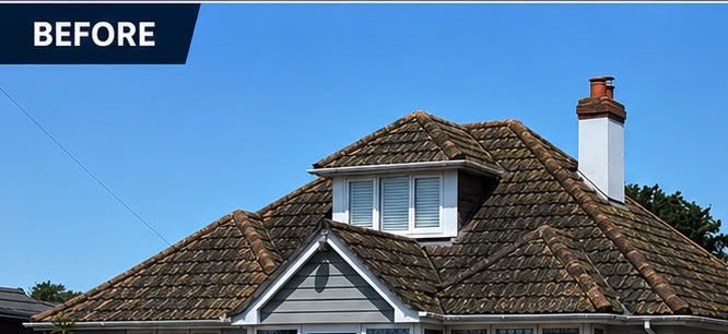 Before, Orange clay tile roof softwash, Roof Cleaning, Dorset – Dorset Exterior Cleaning