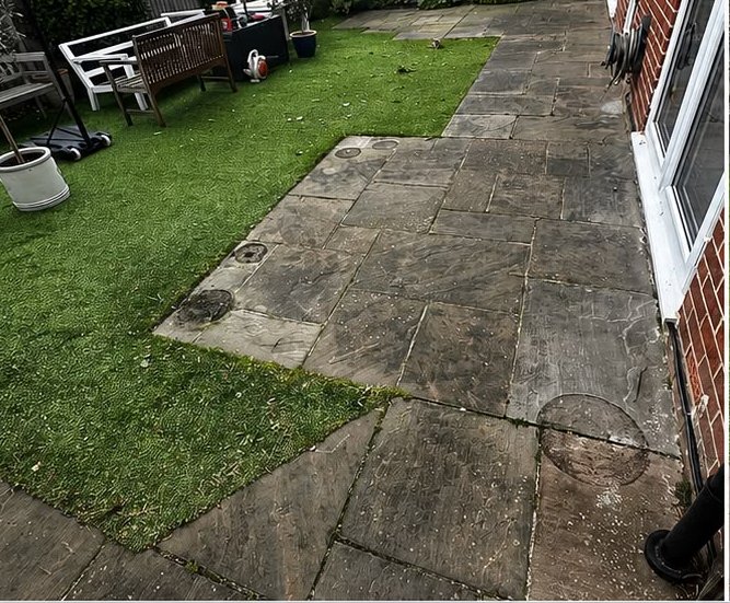 Before, Sandstone garden patio restored, Patio Cleaning, Dorset – Dorset Exterior Cleaning