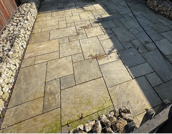 Before, Sandstone patio repointed and gloss sealed, Patio Cleaning, Dorset – Dorset Exterior Cleaning